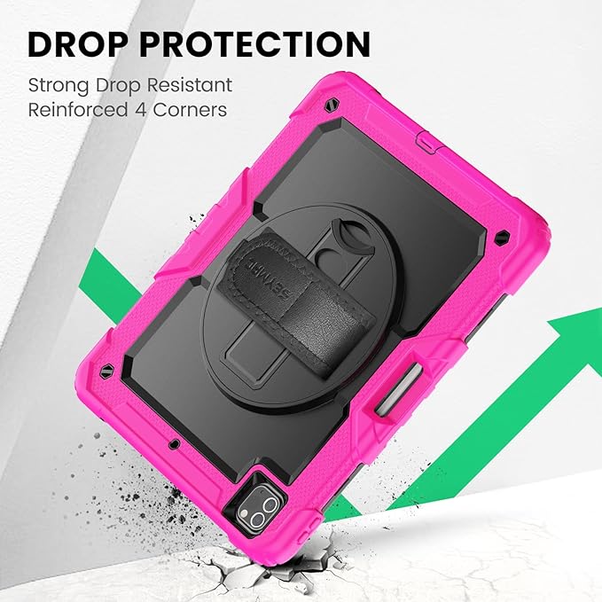 SEYMAC Kids Case for iPad Pro 12.9 2022/2021/ 2020/2018, Heavy Duty Protection Shockproof Case with Screen Protector, 360° Rotating Stand/Handle/Shoulder Strap, Supports Pencil 2 Charging, Pink