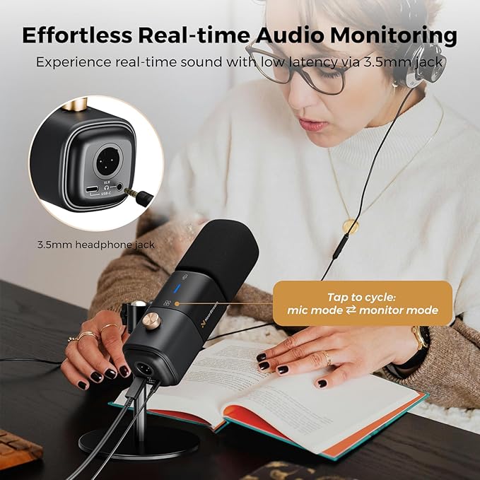 NearStream AM25X Gen2 XLR/USB Condenser Microphone with Noise Canceling/Volume Control/Headphone Jack/Mute, Podcast Microphone for PC/Audio Mixer, Desktop Mic for Stream/Podcast/Gaming/Music Record