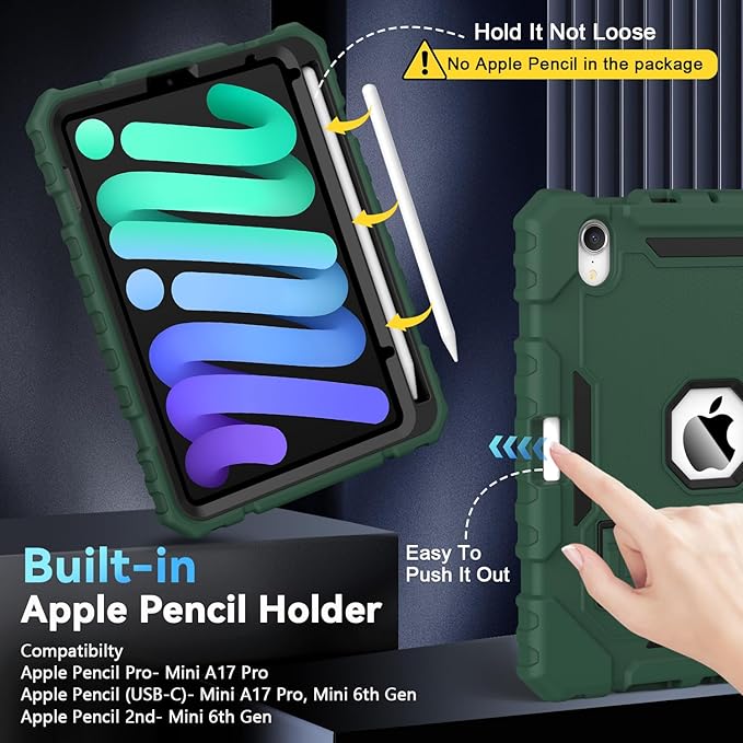 Grifobes Case for iPad mini 7 (A17 Pro) 2024 / Mini 6 2021 8.3 inch, Heavy Duty Shockproof Rugged Cover with Pencil Holder Stand, for I Pad Mini 7th/6th Gen 8.3" Case (Deep Green)