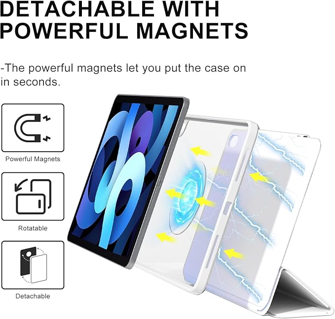 ZENLU iPad Air 10.9/11 inch Case with Removable Magnetic Folio Cover, Premium PU Leather, Multiple Angles Stand, Pencil Slot Charging Support, Full Protective Case for iPad Air 7 6 5 4 Gen (White)