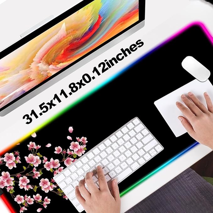 RGB Japanese Cherry Blossom Gaming Desk Mat, Computer Keyboard Large Extended Flowers LED Mouse Pad for Office and Home, 31.5×11.8 Inches, XL, Black