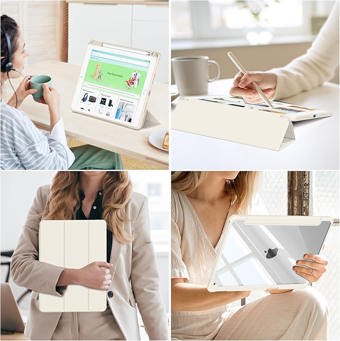 JKSML Case for iPad 9th/8th/7th Generation 10.2 Inch, Case with Pencil Holder for iPad 9/8/7 2021/2020/2019, Hard Back Cover, Auto Wake/Sleep, Cream White