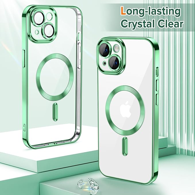 Hython Magnetic Clear for iPhone 13 Case with Camera Lens Protector [Compatible with MagSafe] Luxury Plating Edge Slim Soft TPU Cover Protective Phone Case for iPhone 13 6.1", Light Green