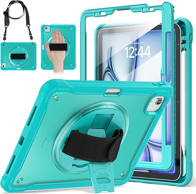 BRAECNstock Case for iPad Air 11-inch M4 2026/ M3 2025/ M2 2024 and Air 5th/4th Gen 10.9‘’ & Pro 11-inch 1st-4th 2018-2022 Kids Cover with Pencil Holder,Screen Protector,Handle Stand-Light Blue