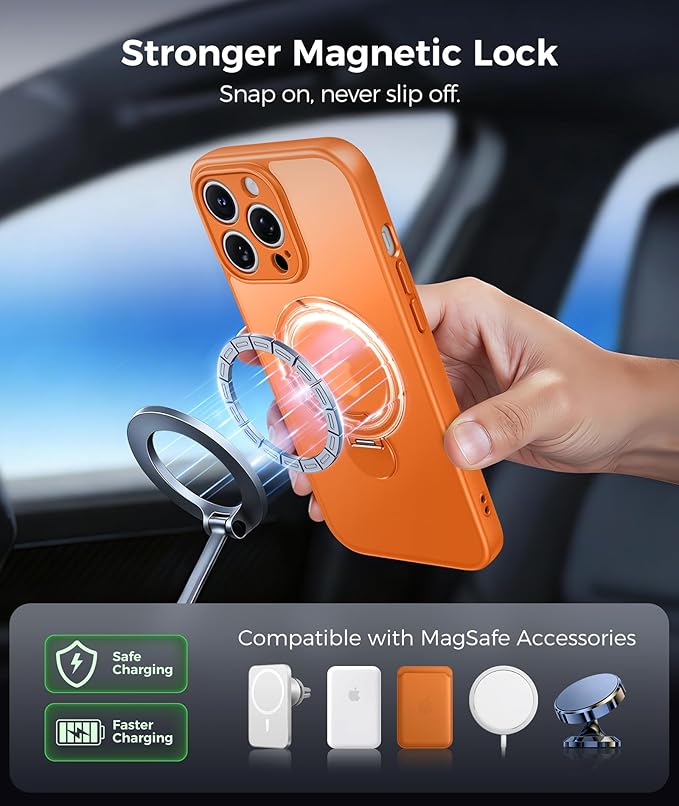 FNTCASE for iPhone 14 Pro-Max Case: [360 Spin Magnetic Stand] [Compatible with Magsafe] [Screen Protector] Translucent Matte Military Grade Shockproof Full Camera Protective Phone Cover - Orange