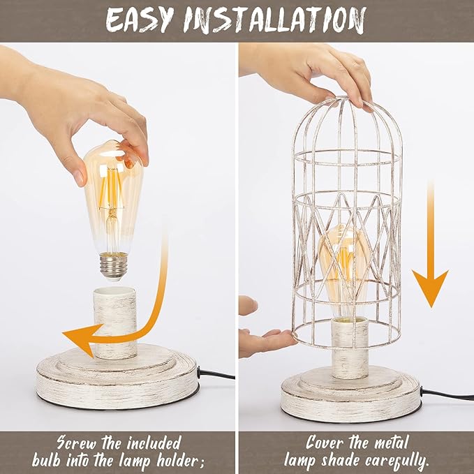 Small Table Lamp, Touch Control Table Lamp with Brushed White Oak Cage, Farmhouse Bedside Lamp 3-way Dimmable Nightstand Lamp Edison Lamp for Bedroom, Living Room, Hallway, Kitchen, LED Bulb Included
