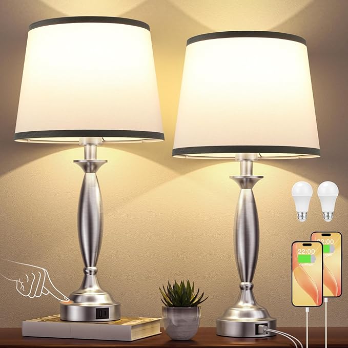 Seealle Touch Bedside Lamps for Nightstand Set of 2 - Bedroom Lamps with USB C+A, 3 Way Dimmable Nightstand Lamps, Brushed Nickel Table Lamps for Living Room (Bulbs Included)