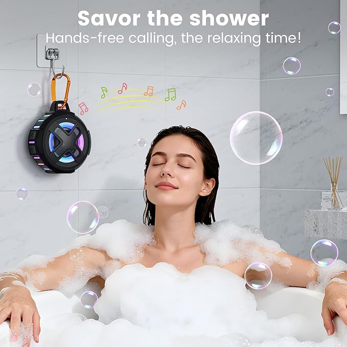 Upgraded, IP67 Waterproof Bluetooth Speaker, Silicone Case,10W Pro Sound&Deep Bass,24H Playtime, with Lights,Clip,Floating,for Shower,Beach essentials, Kayak Paddle Board Boat Lake Camping accessories