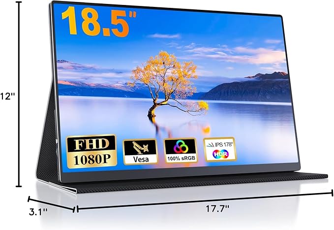 18.5 Inch Portable Monitor for Laptop, FHD 1080P 100% sRGB Travel Monitors for Laptop, Portable Computer IPS Display w/VESA, External Monitor USB-C HDR HDMI Portable Screen w/Smart Cover & Speakers