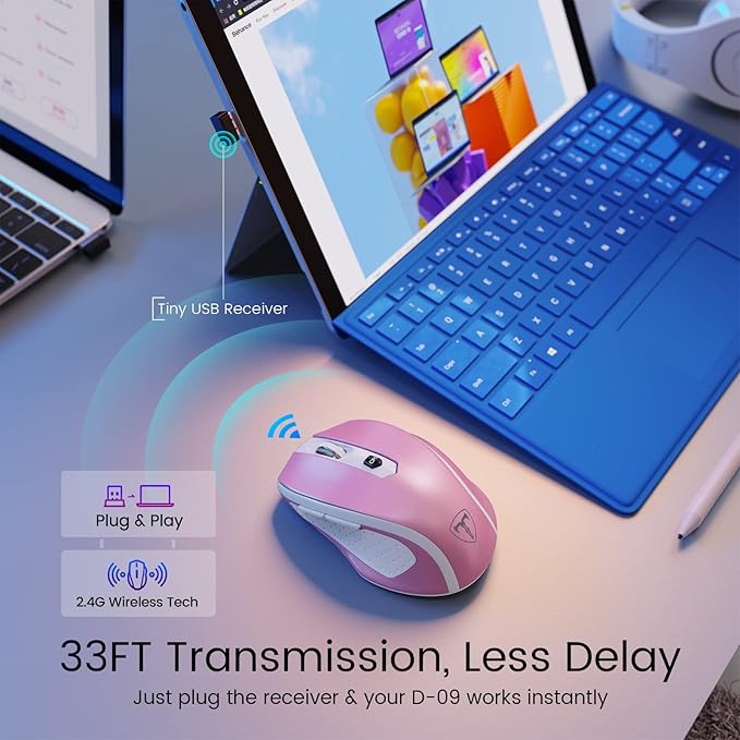 HOTWEEMS D-09 Wireless Mouse for Laptop - Ergonomic Plus Computer USB Cordless Mice, Ergo Grips, Lightspeed 5-Level 2400 DPI, 16 Months Battery, Portable for PC Mac Chromebook, 6 Button, Flamingo Pink