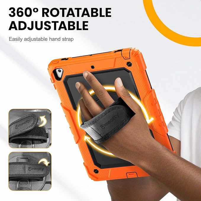 Timecity Case for iPad 6th/5th Generation, for iPad 9.7 Inch Case with Screen Protector Rotating Stand/Hand Strap Full-Body Silicone+PC Durable Protective Case for iPad 5th/6th /Air 2/Pro 9.7- Orange