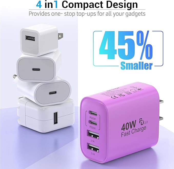 TT&C 40W USB C Charger Block, 4-Port Fast Charging Block (2 USB-C + 2 USB-A), Compact Multi-Device Wall Plug Adapter for iPhone 17,16,15,14,Pro Max, Samsung Galaxy S24/S23 Travel & Home (Purple 1Pack)