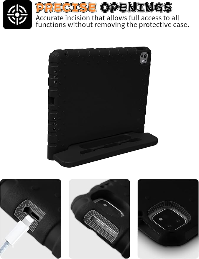 for iPad Pro 13 inch Case 2024 with Pencil Holder and Anti-Slip Hand Stand, Super Protection Rugged EVA Shockproof Kids Cover Compatible with iPad Pro 13-inch (M4)-Black