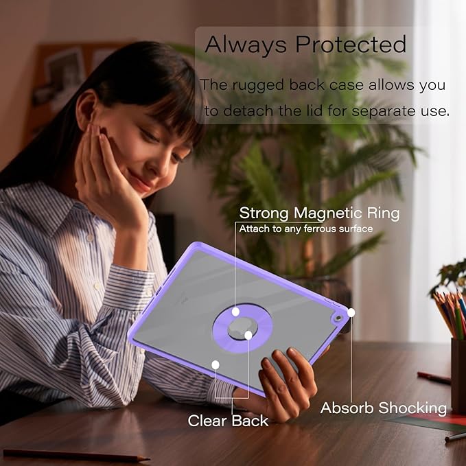 ZENLU iPad 9th 8th 7th Generation Magnetic Case with Removable Folio Cover, Premium Semi-Silicone Leather, Vertical Stand, Clear Back, Smart Sleep/Wake, Full Protective Case for 10.2" iPad (Purple)
