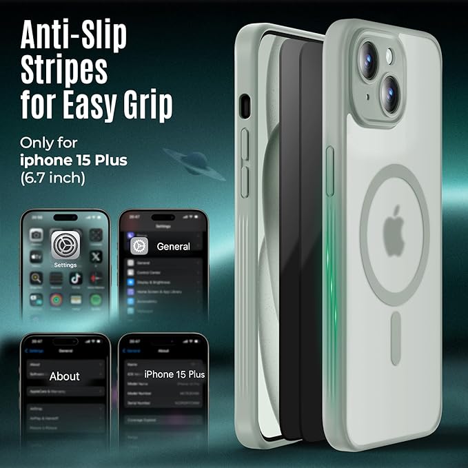 Symcele Designed for iPhone 15 Case, Compatible with MagSafe, with Privacy Screen Protectors X2, [Camera Protection] [15FT Military Drop Protection] Shockproof Phone Case, 6.1", Calke Green