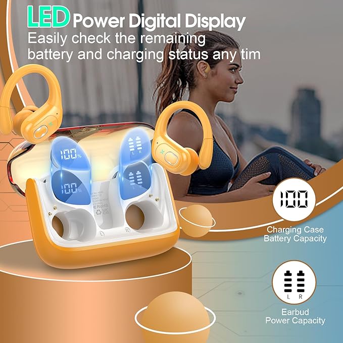 Wireless Earbuds 75hrs Bluetooth 5.4 Headphone Sport, 2026 Bluetooth Earbuds Stereo Deep Bass Over Ear Bud with Earhooks, ENC Noise Cancelling Mic, IPX7 Waterproof Earphone for Gym/Workout, Yellow