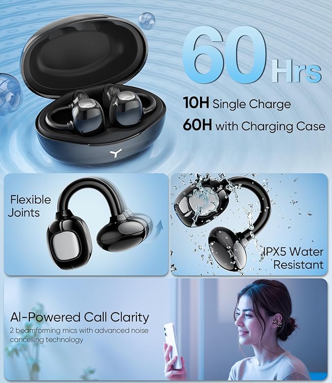 Clip on Earbuds Wireless, Lightweight Open Ear Earbud with Physical Button, Deep Bass Sound Bluetooth 6.0 Headphone Support Dual-Device, 60H Play Time, Ideal for Workout, Running, Subway