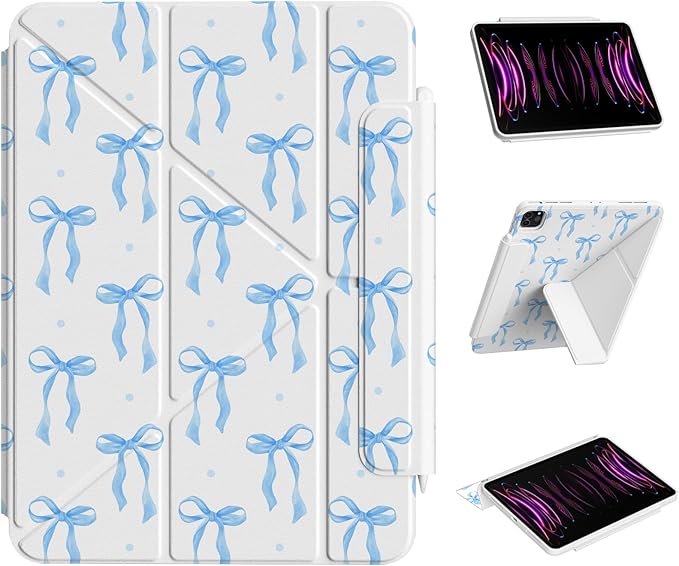 for iPad Air 13-inch Case M4/M3/M2 (2026/2025/2024), iPad Pro 12.9” 6th/5th/4th/3rd Generation Case, Origami Trifold Multi-Angle Stand, Magnetic Flap, Full-Protective Cover, Blue Bows