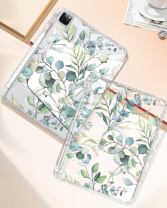 Shorogyt for iPad Air 13 Inch (M4) 2026/M3 2025 & M2 2024 /for i Pad Pro 12.9 inch (3/4/5/6th Gen) for Magnetic Stand for Women - Cute 360 Degree Rotating Covers Girls with Pencil Holder, Green Leaf
