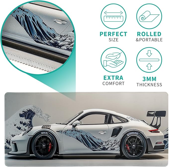 White Ukiyo-e Style Sports Car Large Gaming Mouse Pad Desktop Mat 31.5x11.8 Inch - Non-Slip Rubber Base - for Gamers - Perfect for Gamers & PC Enthusiasts
