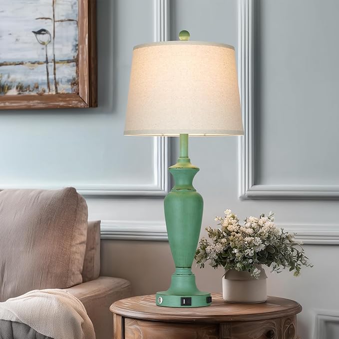 Cinyirong 30" Tall Metal Table Lamps Set of 2, Touch Control Bedside Lamps for Bedroom Nightstand, 3-Way Dimmable Farmhouse Lamp for Living Room with Charging Ports, Retro Green (2 LED Bulbs Included)