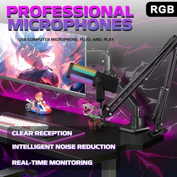 M7 USB Gaming Microphone with Boom Arm - Professional RGB Condenser Mic for PC/PS5 - Triple-Knob Control (Mic Gain, Headphone Vol, Monitor Mix) - Zero Latency Streaming Kit Mic Black
