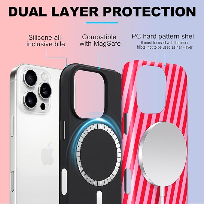 Magnetic for iPhone 16 Pro Case Cute Diagonal Stripes Phone Case, Shockproof Slim TPU and Hard PC Protective Phone Cover Compatible with MagSafe Designed for Women Girls,Red
