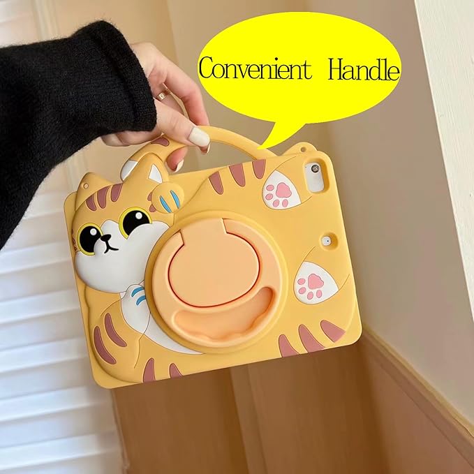 3D Cute Vivid Cat Case for iPad Air 1st 2nd/iPad Pro 2016/iPad 5th 6th 9.7 inch,Kawaii Cartoon Character Pretty Cat Soft Silicone Rotating Stand Case with Lanyard for Kids Teens Girls Women