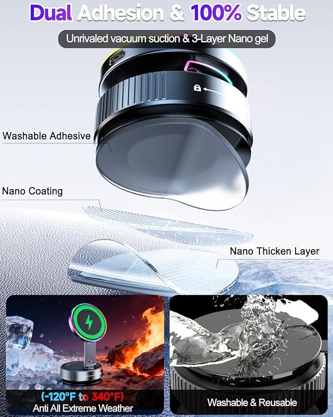 for Magsafe Car Mount Charger, 15W Fast Charging Wireless Car Charger [120LBS Suction &3800gf Magnet] 780° Adjustable, Vacuum Magnetic Phone Holder for Your Car for iPhone & Android, Metal Stand Rotor