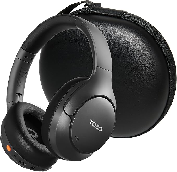 TOZO HT3 Hybrid Noise Cancelling Headphones, 90H Battery Life Wireless Over Ear Bluetooth 6.0 Foldable Headset, AI Voice Assistant with 5 Mics, Connect 2 Devices & Hi-Res Sound, 32 Audio EQ, with Case