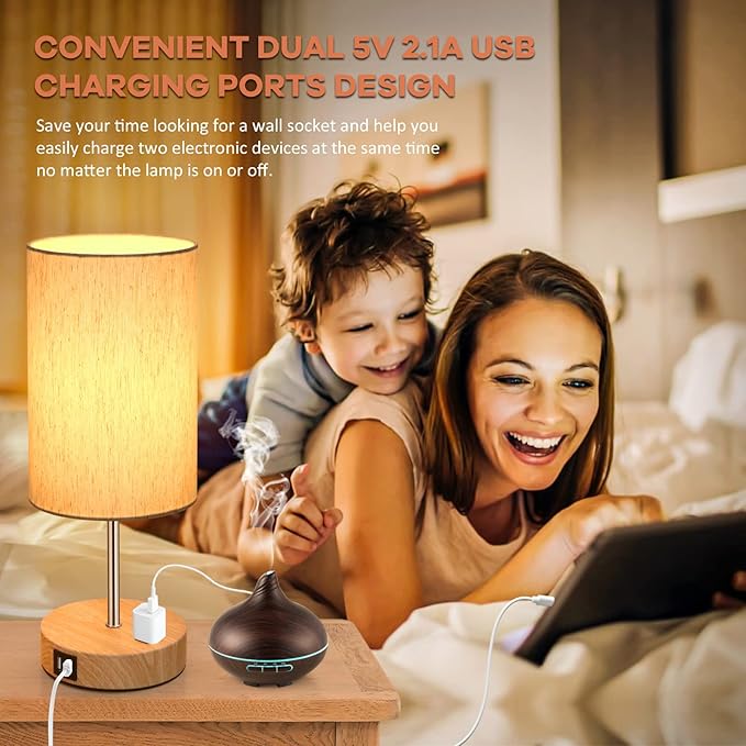 Table Lamps Set of 2 Touch Control, 2 USB Charging Ports&AC Outlet, 3-Way Dimmable Bedside Nightstand Lamp with Flaxen Fabric Shade and Wooden Base for Bedroom, 2-Pack A19 LED Bulbs Included