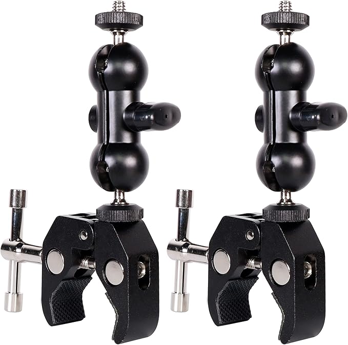 Cool Dual Ball head Magic Arm Adapter Camera Clamp Mount Super Clamp with 1/4 and 3/8 Thread, for DSLR Camera Rig, LED Light, Flash Light, Action Cam, 2Pack