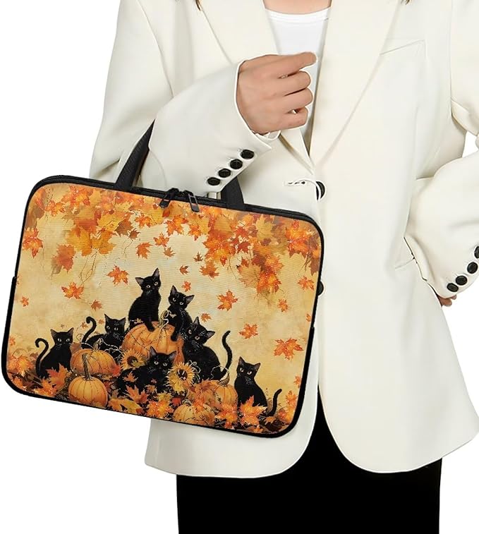 Cat Pumpkin Maple Leaf Laptop Sleeve, 10-17 Inch Portable Zipper Carrying Sleeve Case Bag Computer Tablet Handbag Case Thanksgiving Notebook Messenger Briefcase for Travel/Business