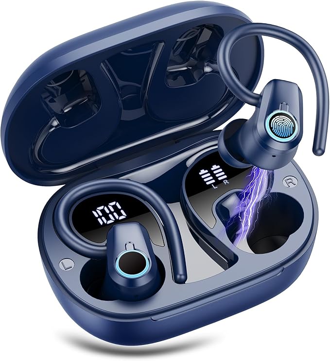 Wireless Earbuds, 2023 Bluetooth Headphones 5.3 Sport, 50H Ear buds with Earhooks, Dual LED DisplayBluetooth Earbuds, Stereo Noise Cancelling Headphones, IP7 Waterproof Running Earphones, Deep Blue