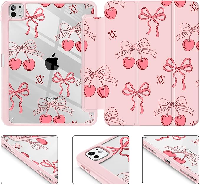 May Chen for iPad Pro 13 Inch Case M5 2025 / M4 2024, Built Pencil Holder & Clear Transparent Print Back Shell Slim Stand Shockproof Tablet Cover, Auto Wake/Sleep, Coquette Cherry Bow