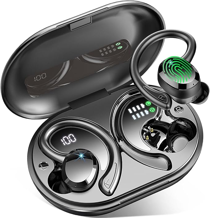 Wireless Earbuds Sport, Bluetooth 5.4 Headphones 3D Bass Hi-Fi Stereo Over Ear Buds, 60Hrs ENC Noise Cancelling Headset with Earhook, IP-X7 Waterproof Earphones Workout Running Gym for Android iOS