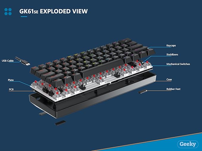 Geeky GK61 SE 60% | Mechanical Gaming Keyboard | 61 Keys Multi Color RGB LED Backlit for PC/Mac Gamer | ANSI US American Layout (White, Mechanical Black)