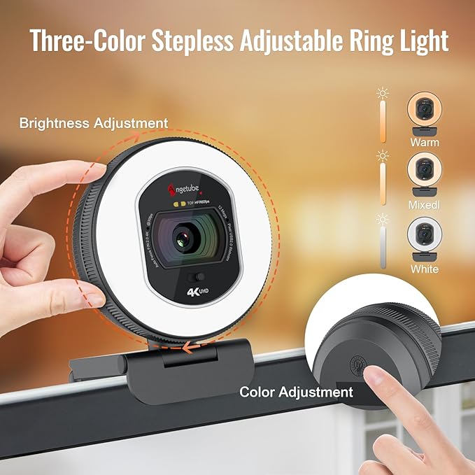Angetube 4K Webcam with Light for PC, UHD 4K, TOF Auto Focus, Dual AI Noise-Cancelling Mics, 1080p@60FPS, USB Streaming Webcam w/Privacy Cover for Laptop/Mac/Desktop/PC Work w/Zoom/Teams/Google Meet