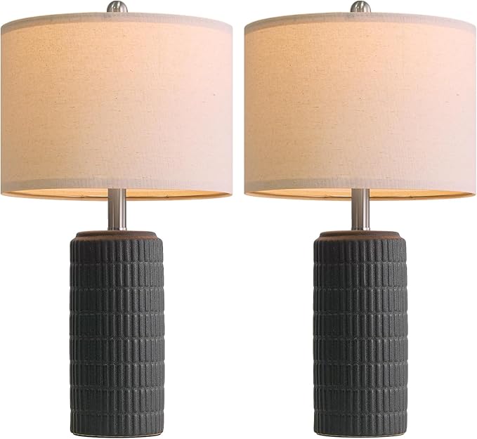 PoKat 23" Matte-Textured Ceramic Table Lamps Set of 2 for Bedroom, Stone-Like Modern Bedside Lamps for Night Stands, Farmhouse Nightstand Table Lamps Decor for Living Room End Table Black