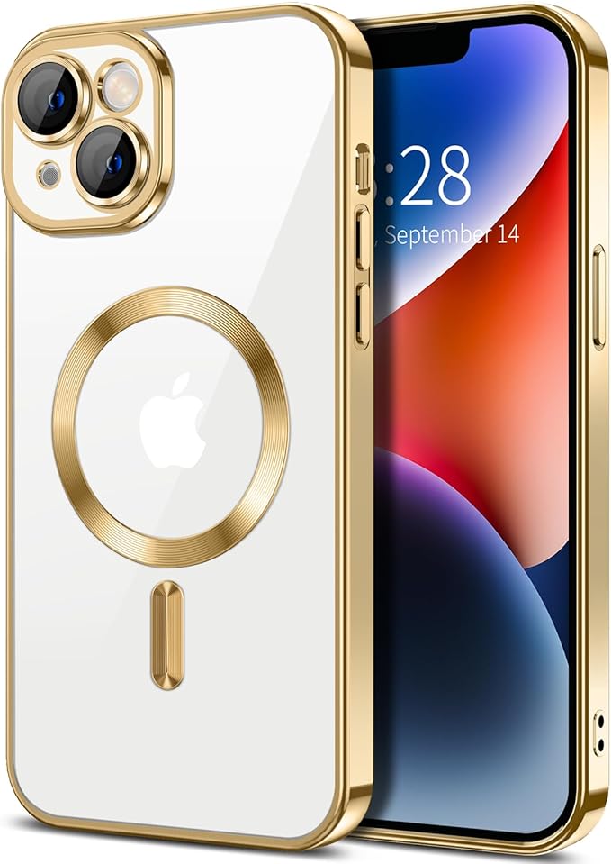 Hython Magnetic Clear for iPhone 14 Plus Case with Camera Lens Protector [Compatible with MagSafe] Luxury Plating Edge Slim Soft TPU Cover Protective Phone Case for iPhone 14 Plus 6.7", Gold
