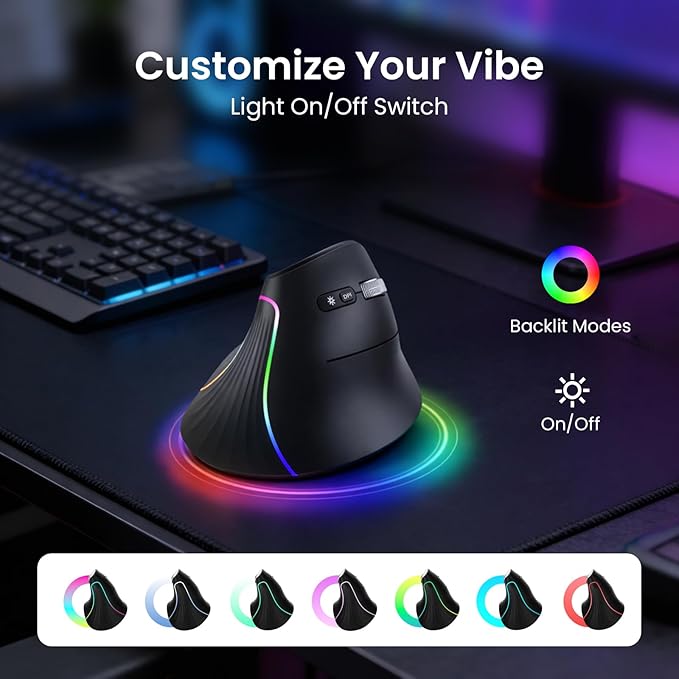 CITLLA Wireless Ergonomic Vertical Mouse, Rechargeable Tri-Mode (Dual Bluetooth + 2.4G USB) Optical Mouse with Adjustable RGB Lighting, Multi-Device Control for Laptop, PC, Mac, iPad, Desktop (Black)