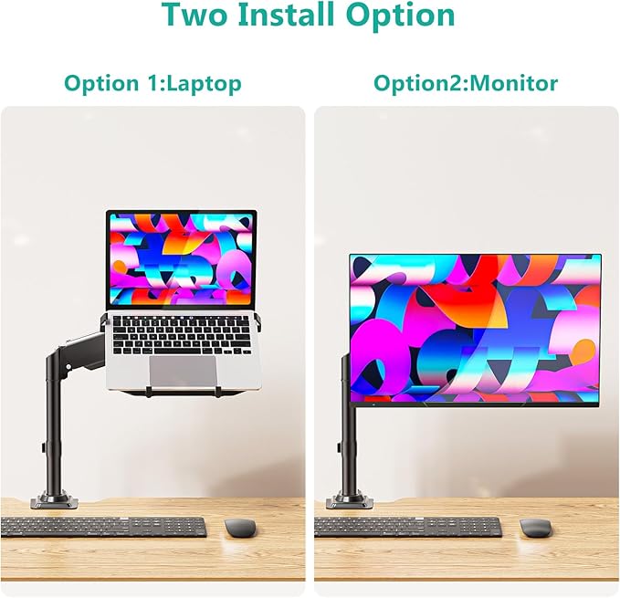 WALI Laptop Desk Mount for 15.6 inch Notebook, Fully Adjustable Single Monitor Arm with Laptop Holder for 32 inch Screen, Laptops Stand with Ventilated Tray, Up to 22 Lbs, (GSDM00LP), Black