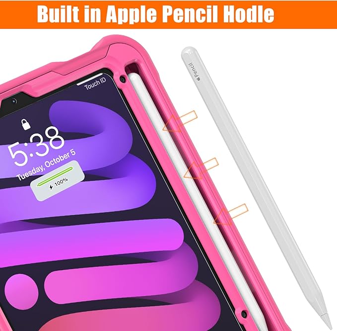 BRAECN for iPad (a17 pro) Mini 7/Mini 6 Case 2024/2021 8.3 inch with Pencil Holder Protective Clear Ring Handle 360 Rotating Stand Shockproof Dropproof Rugged Carrying Shoulder Strap Kids Friendly