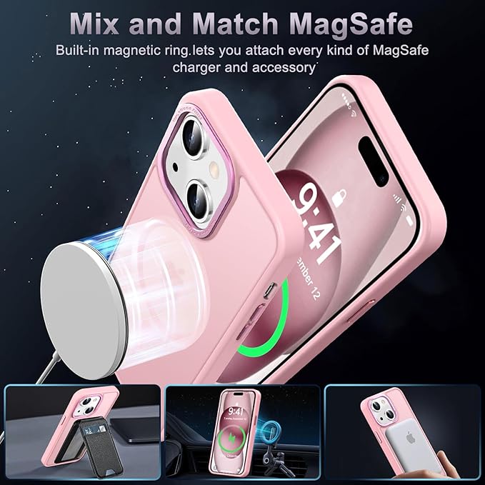 Newfuture Magnetic for iPhone 15 Case [Compatible with Magsafe] [Military Grade Drop Protection] Translucent Matte Anti-Fingerprint Shockproof Phone Case for iPhone 15 6.1 inch, Tender Pink