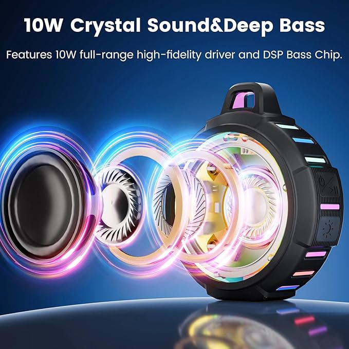 Upgraded, IP67 Waterproof Bluetooth Speaker, Silicone Case,10W Pro Sound&Deep Bass,24H Playtime, with Lights,Clip,Floating,for Shower,Beach essentials, Kayak Paddle Board Boat Lake Camping accessories