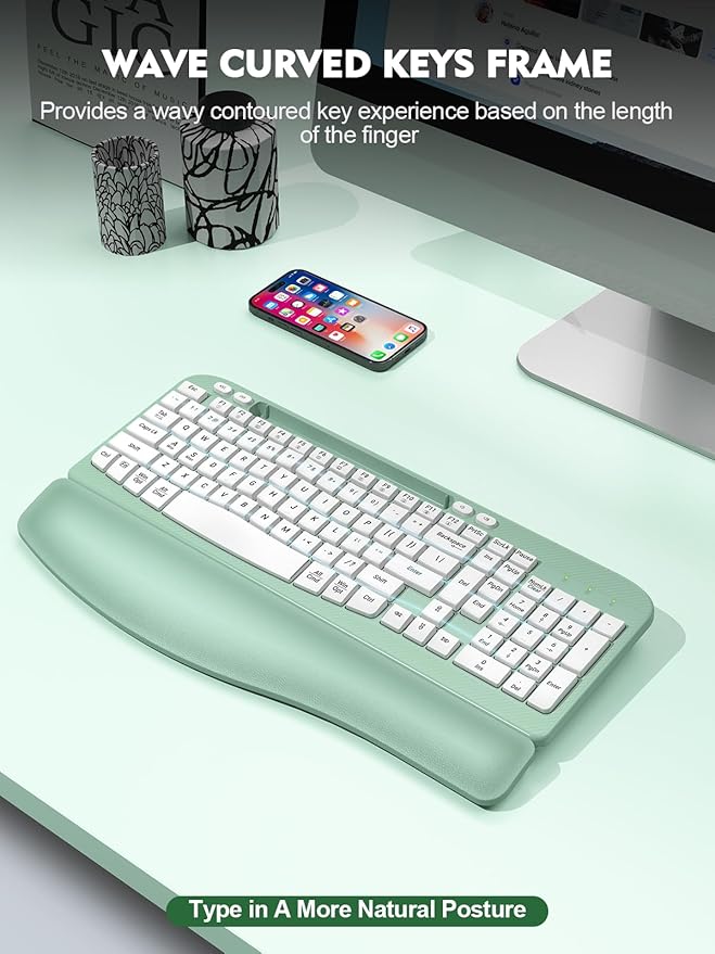 Ergonomic Wireless Keyboard with Cushioned Wrist Rest, Wave Keys, Phone Holder, Comfortable Natural Typing, 2.4GHz Full Size Cordless USB Computer Keyboard for Windows, Mac OS, Laptop, PC (Mint Green)