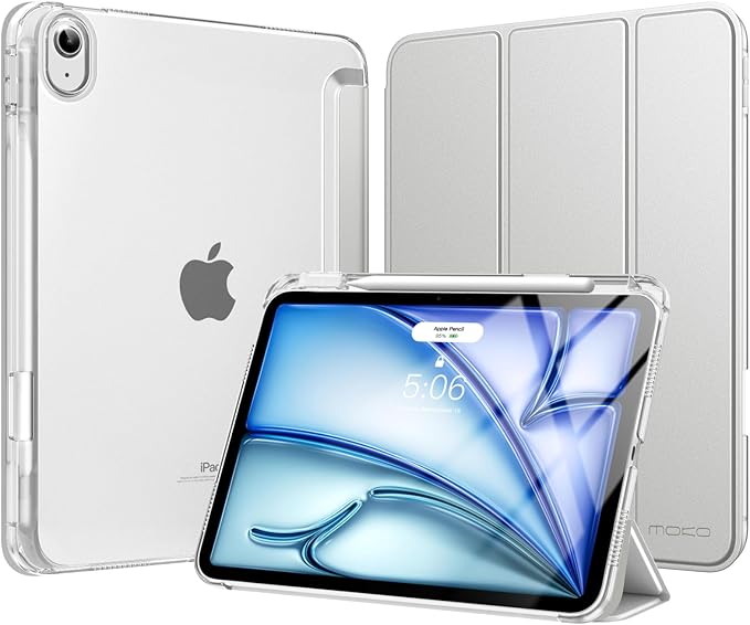 MoKo for iPad Air 11 inch Case (M4/M3/M2) 2026/2025/2024, iPad Air 5th/4th Gen 10.9 inch Case 2022/2020 with Pencil Holder, Slim Trifold Cover with Hard PC Translucent Back Shell, Silver