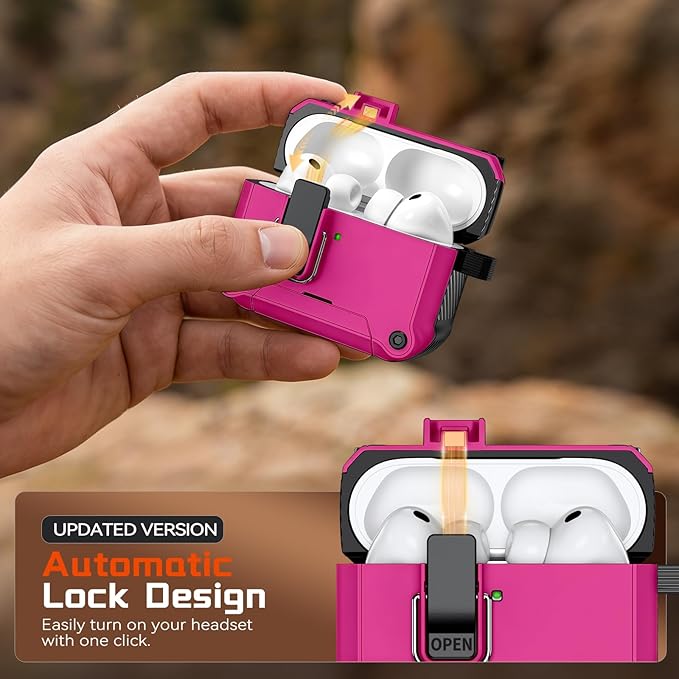 Inesore Compatible with AirPods Pro 3 Generation Case,Secure Lock & Phone Stand Design,Compatible with MagSafe,Automatic Snap Switch Secure Cover for New AirPods Pro 3rd (2025)-Rose red