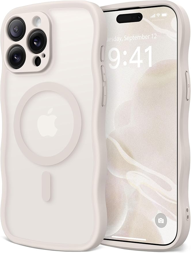 CAPRARO Cute for iPhone 15 Pro Case, Compatible with MagSafe, [Curly Wave Edge] [Full Camera Protection] [14 FT Drop Protection] Magnetic Phone Case for 15 Pro 6.1 Inch, Stone