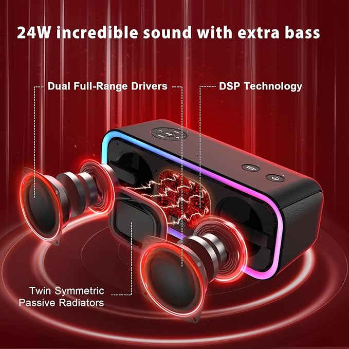 DOSS SoundBox Pro+ Bluetooth Speaker, Immersive 24W Stereo Sound with Booming Bass, IPX6 Waterproof, 15H Playtime, Mixed Colors Lights, Wireless for Backyard, Hiking, Garage, Party-Black